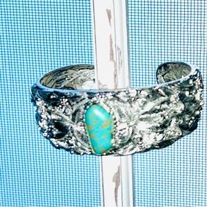 Intricate Silver Cuff Bracelet with Turquoise Stone